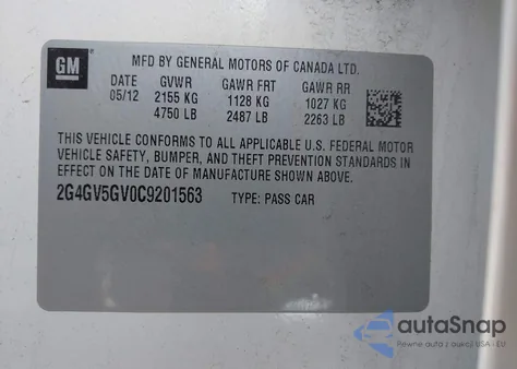 2012 Buick Regal Gs z USA, uszkodzony, nr VIN 2G4GV5GV0C9201563